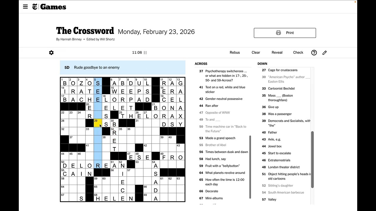 New York Times Crossword Solve - Monday Feb 23 2026