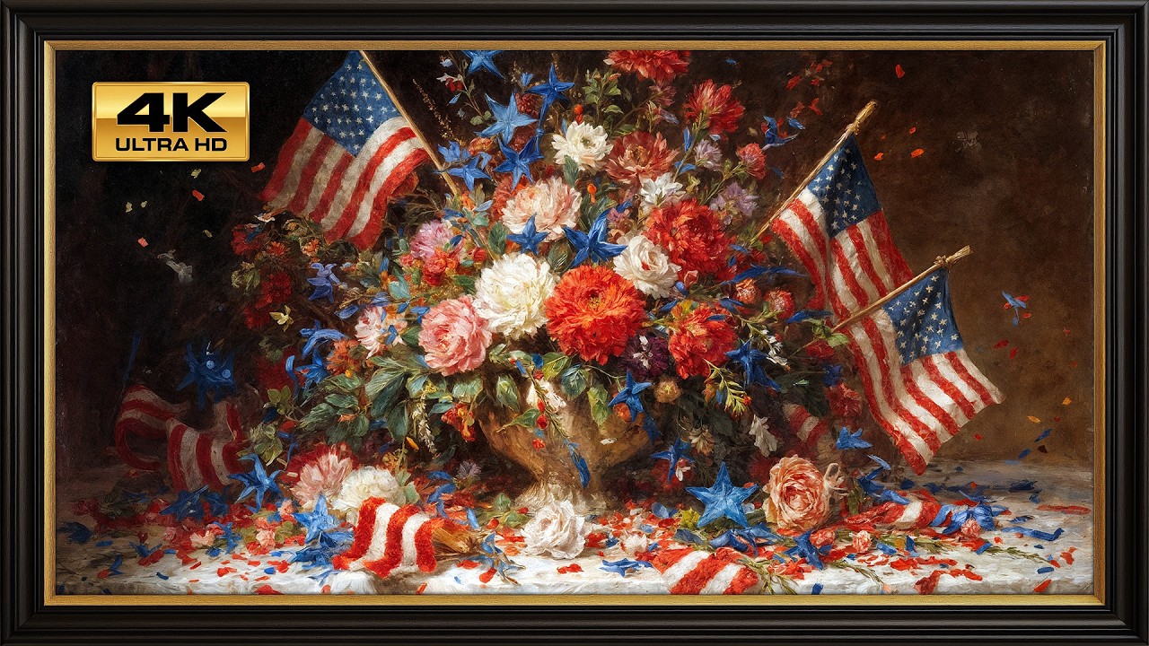 4th of July Celebration | Vintage Patriotic Flower Arrangement | 4K Framed Art Screensaver | 4 Hours