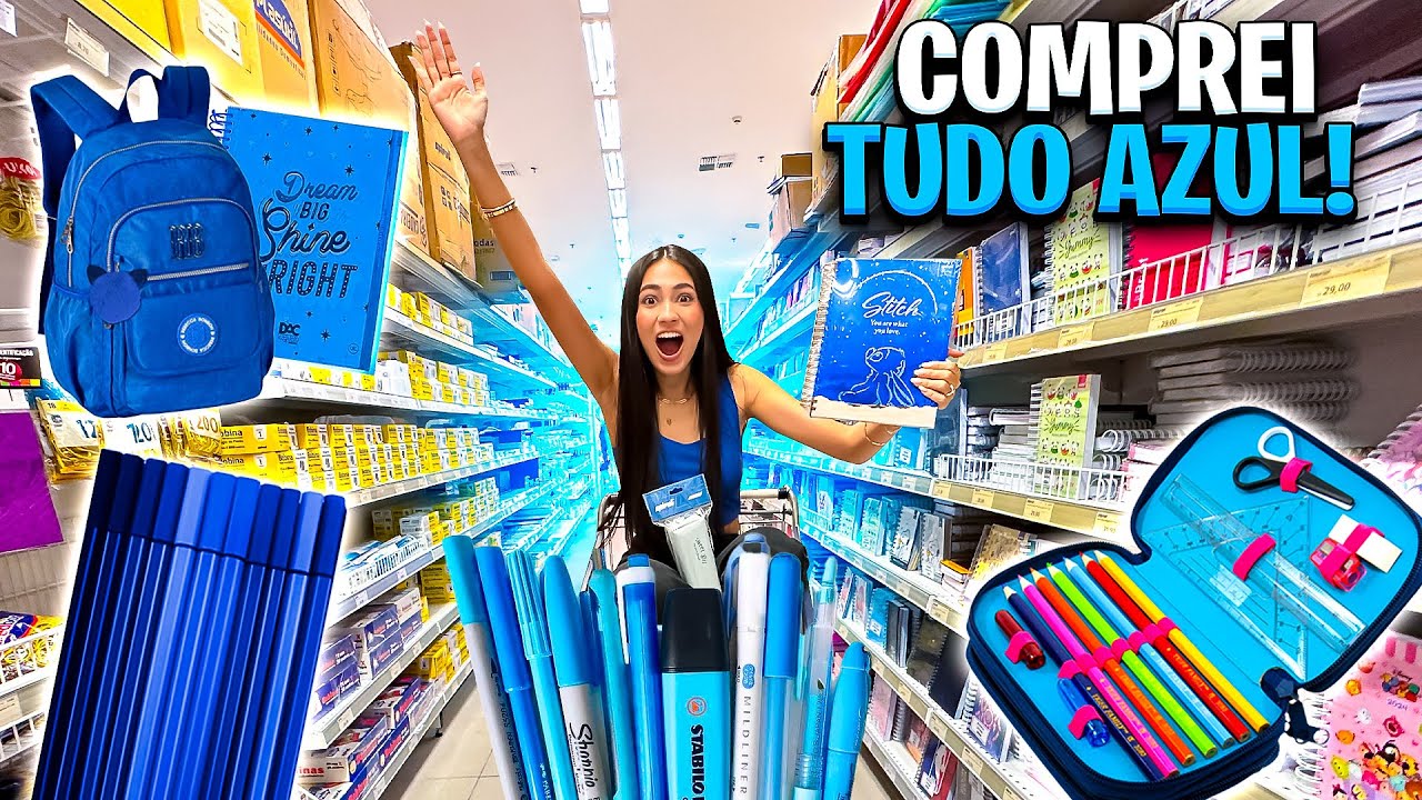 TUDO AZUL 💙 COMPRANDO MEU MATERIAL ESCOLAR de UMA COR | Bela Bagunça