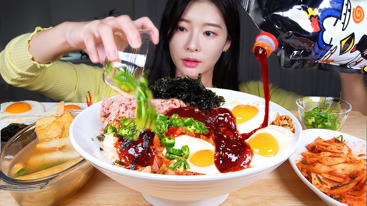 ASMR MUKBANG | Острый огненный тунец кимчи пибимпап ❤️‍🔥 Острый чили и суп из рыбных котлет
