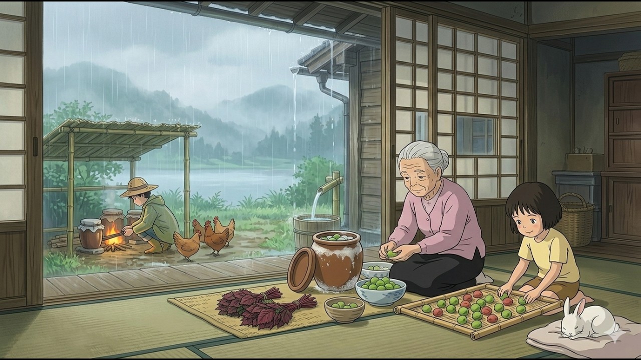 Grandmother’s Wooden House — Preparing Pickled Plums on a Rainy Afternoon