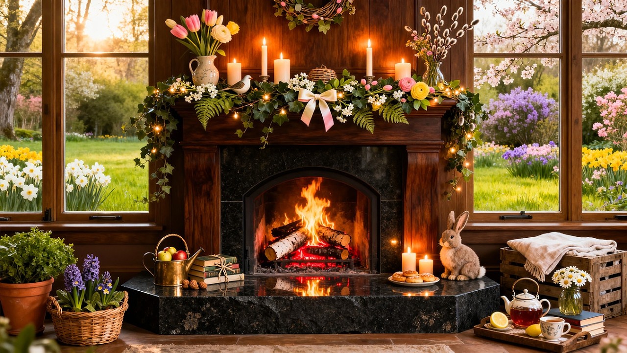 Spring Fireplace Ambience 🌸🔥 Cozy Cottage Fire Sounds for Deep Sleep, Relaxation & Calm Nights