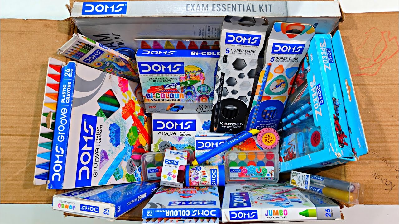 Doms Stationery Items - Wax Crayons, Exam Essential Kit, Plastic Crayons, Dark Pencil, Water Colour