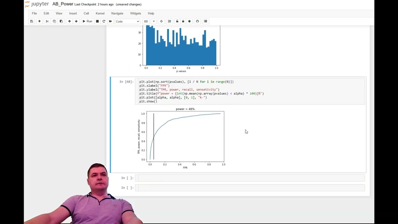 AB тесты, мощность, ROC кривая p-values.