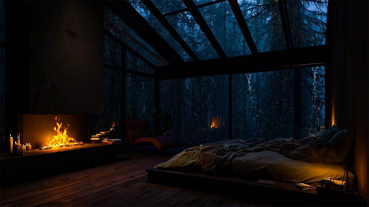 Heavy Rainfall on a Forest Cabin with Fireplace Sounds – Cozy Night Ambience for Sleep