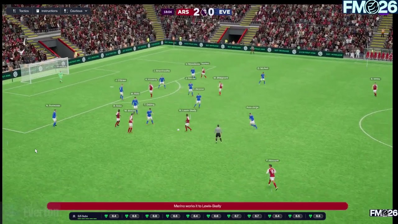Arsenal versus Everton full Premier League match on FM 26 RTG