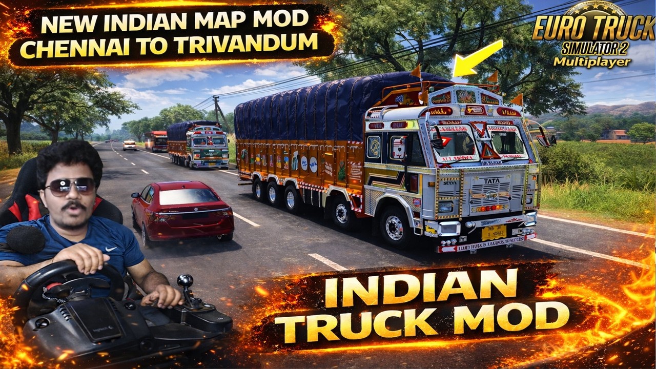 👌India Map Mod Chennai to Trivandrum and RVK Indian Truck Driving with Steering ETS2 in Telugu