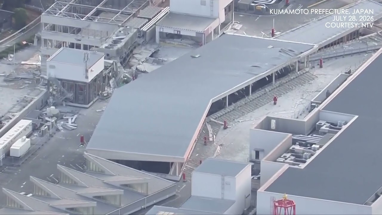 AERIAL: Buildings, residences and other infrastructure damaged by strong quake in Kumamoto, Japan