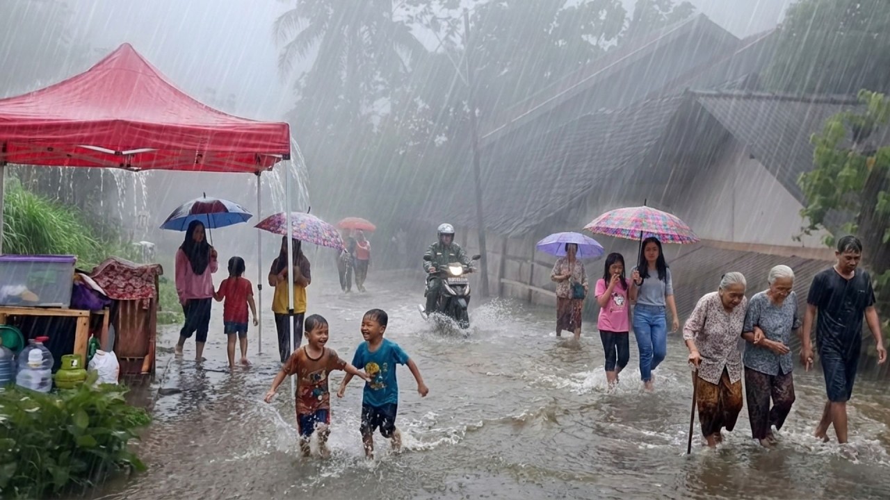 Heavy Rain Soaks a Quiet Rural Village — Walking Along the Silent Countryside Paths