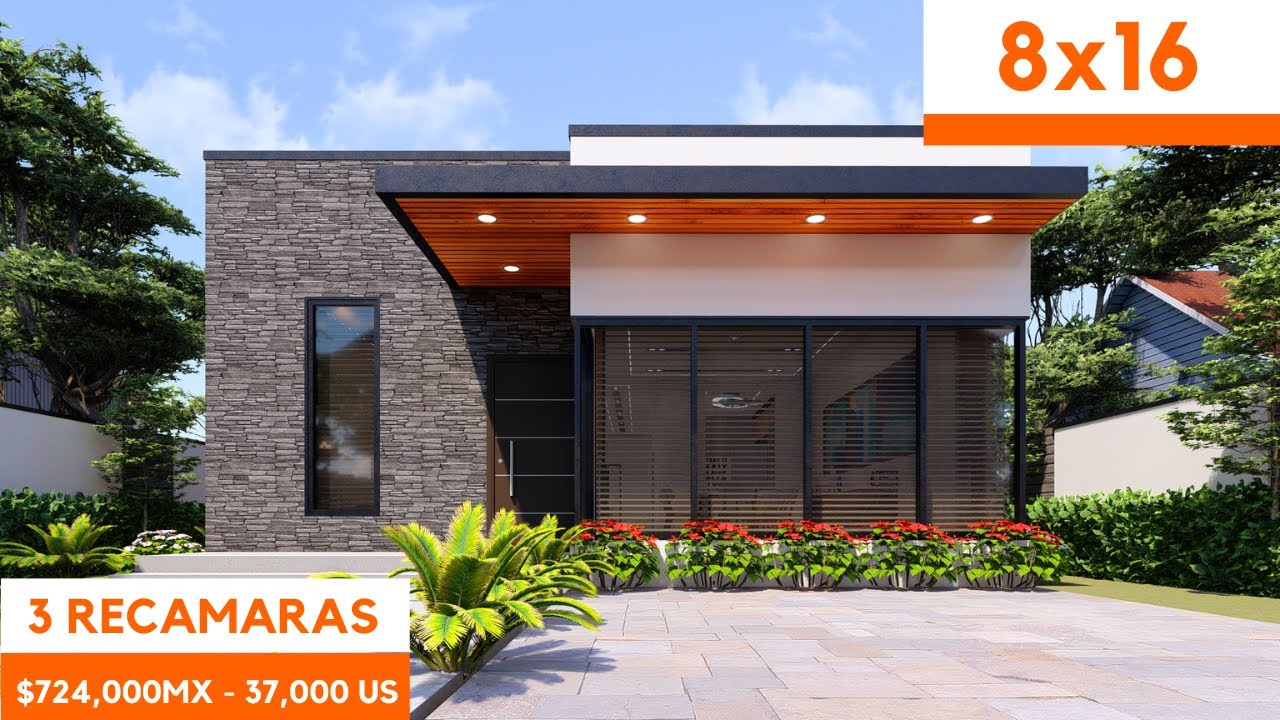 Plano de casa de un piso de 8x16 con 3 Recamaras small house design ideas