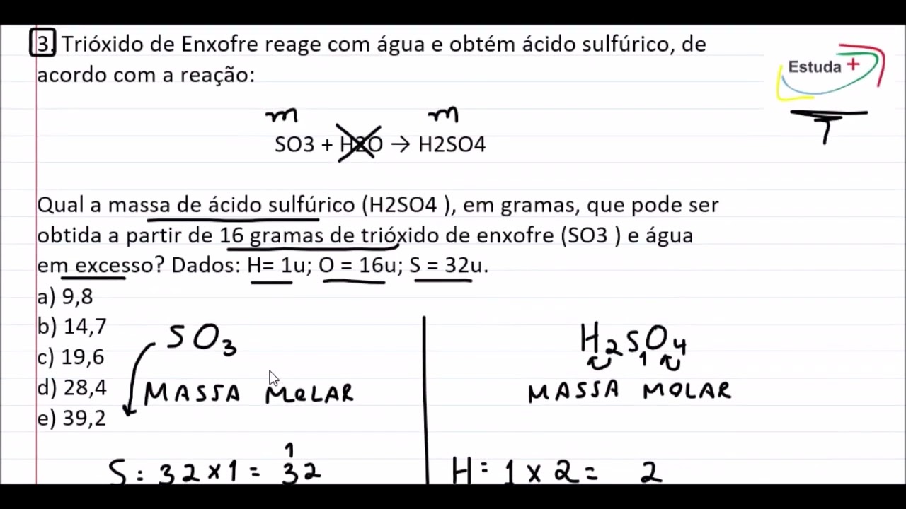 Qual a massa de ácido sulfúrico, que pode ser obtida a partir de 16 gramas de trióxido de enxofre?