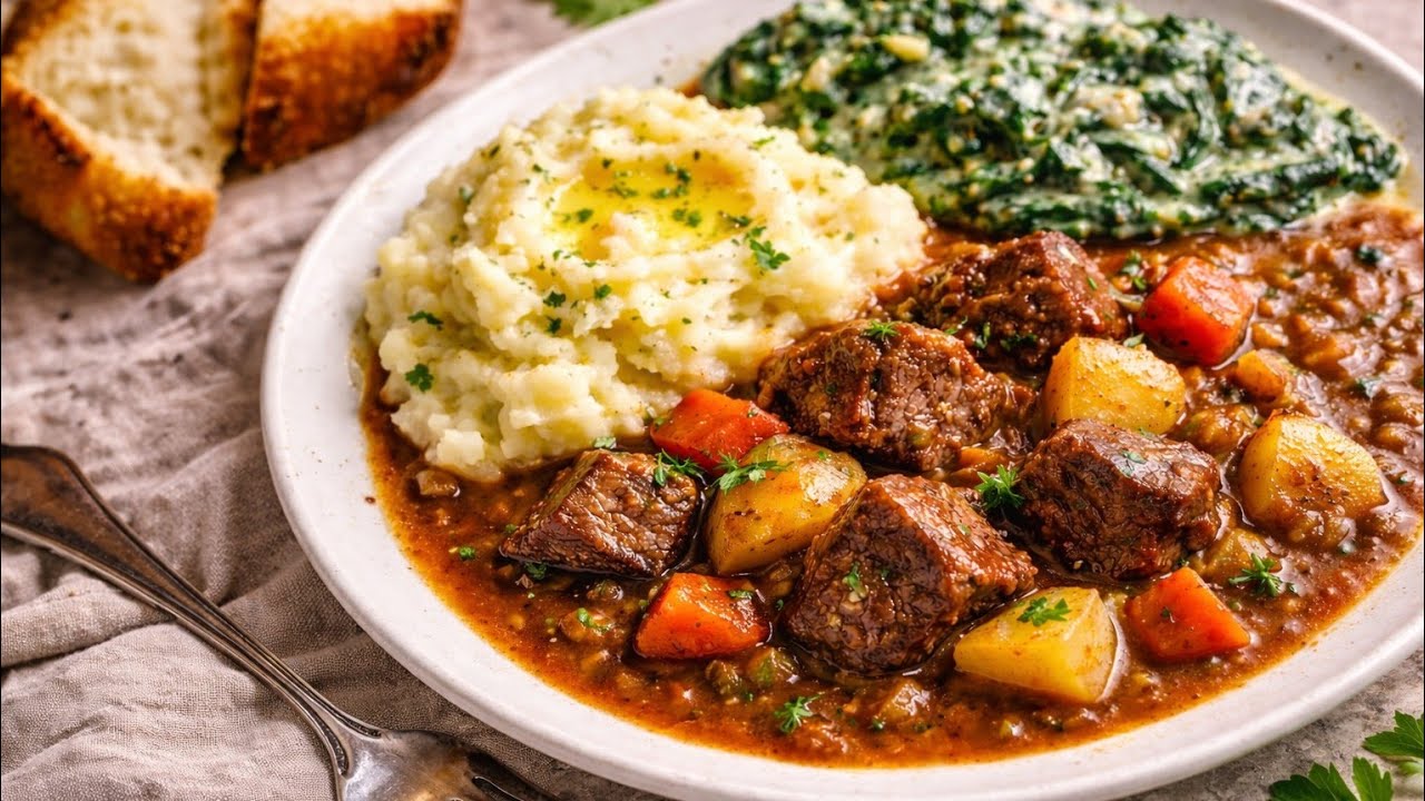 Chunky Beef Stew with Mash & Creamy Spinach | The Ultimate Comfort Meal