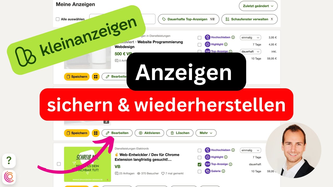 Kleinanzeigen - Anzeigen sichern & wiederherstellen