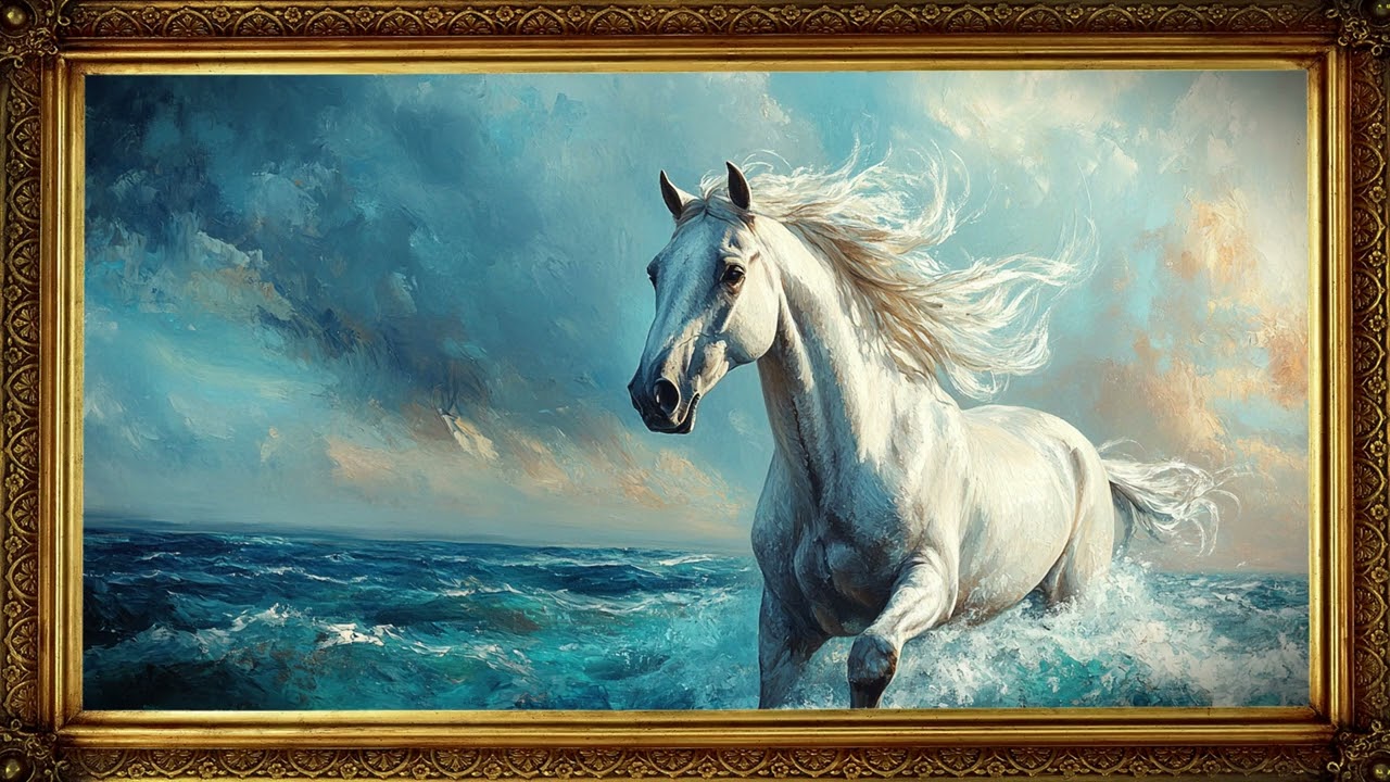 SEA SPIRIT | Vintage TV Oil Art Horse Painting | Gold Frame TV Art | Art Screensaver for TV 2 hrs