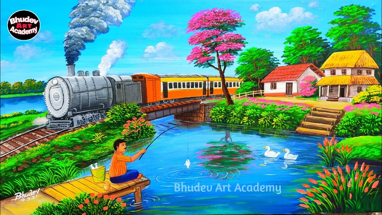 Indian Village Scenery Drawing|Train Drawing With Village Scenery With Acrylic Colour