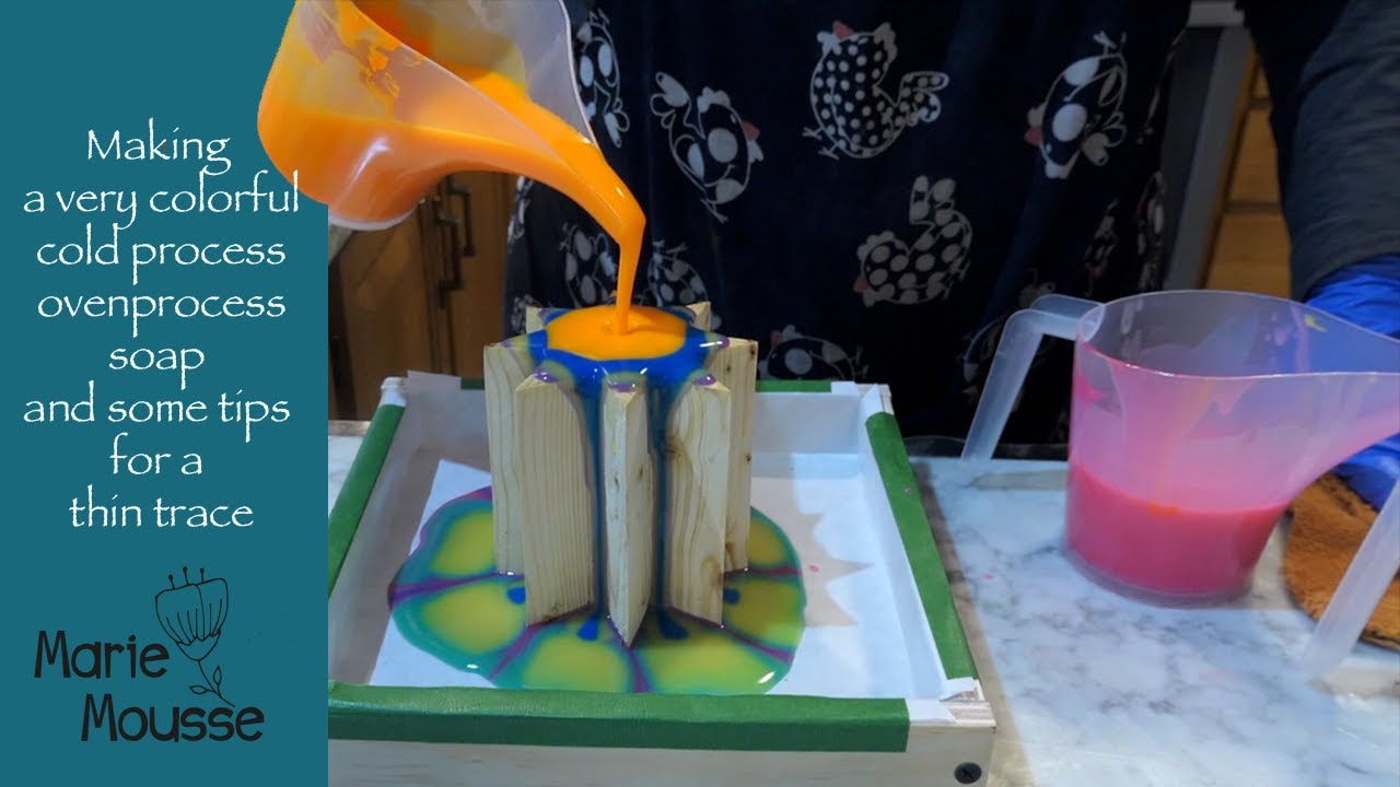 Making a very colourful Cold Process Oven Process (CPOP) soap and some tips for a thin trace.