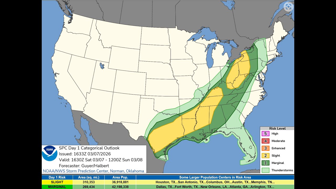 SLGT risk of tornadoes 3/7/26
