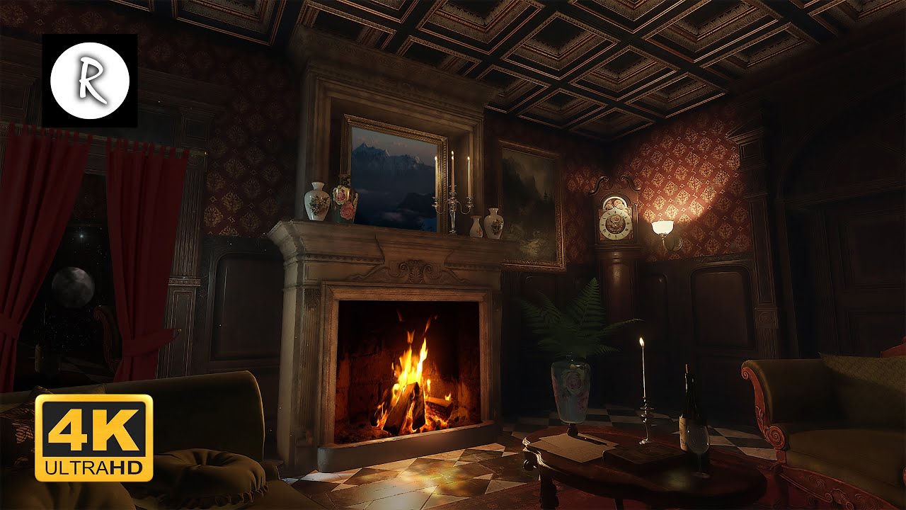 🔥 Cozy Victorian Room - Soothing Crackling Fire, Howling Wind & Thunder Sounds ( no rain )