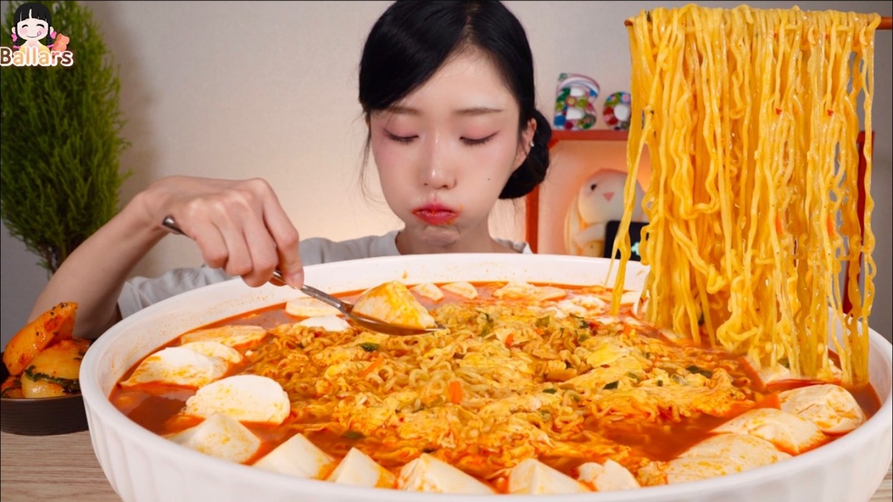 Mukbang:) 🍜1.3kg of soft tofu + 8 bags of spicy ramen mukbang ☆ Big Bites :: ASMR :: Eatingshow ☆