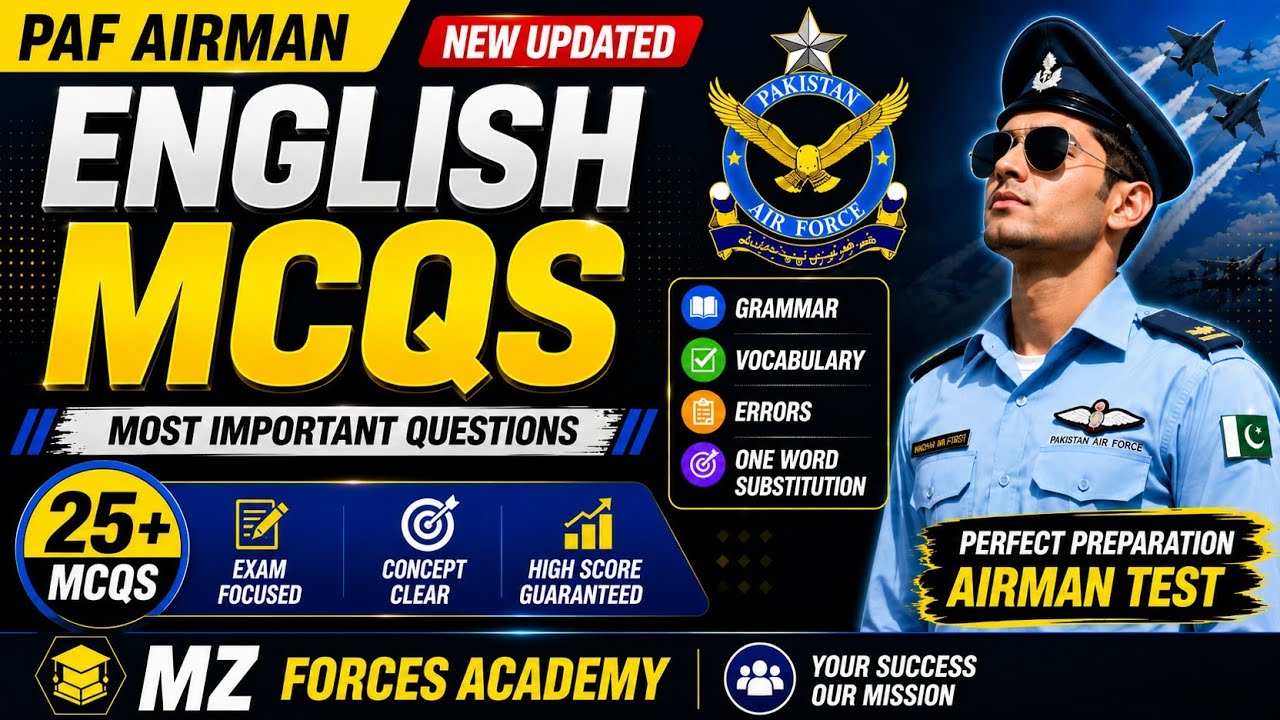 PAF Airman English MCQs 2026 | 25 Most Important English Questions with Answers | MZ Forces Academy