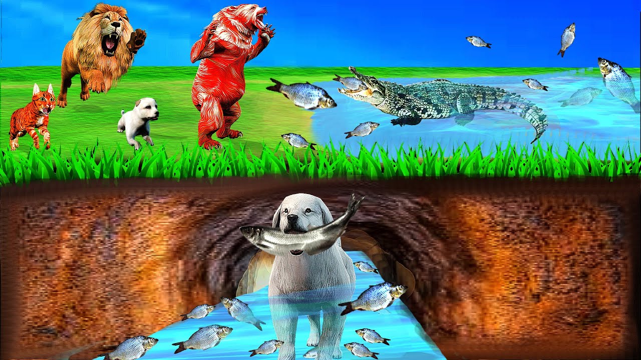 कुत्ते का पिल्ला और Underground Secret Tunnel Fish Puppy Dog Bear Cat Crocodile Animals Forest
