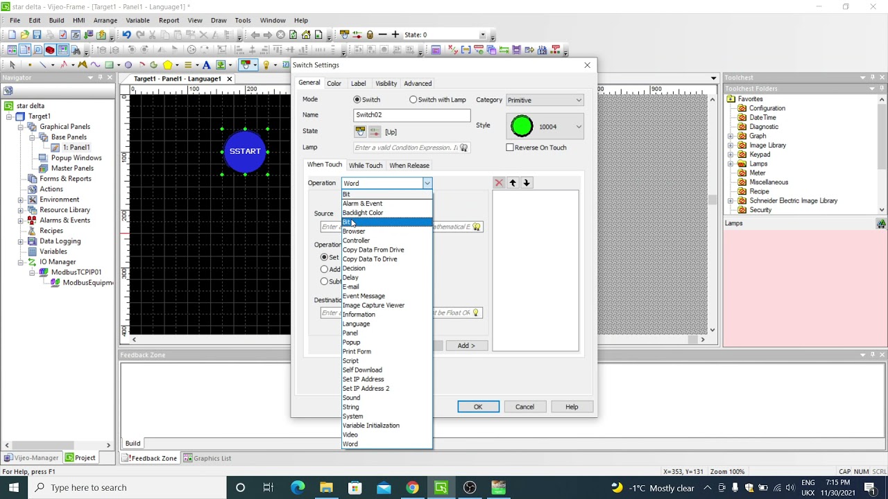Star Delta starter in Ladder logic , Schneider SoMachine PLC and Vijeo Designer HMI Simulation.