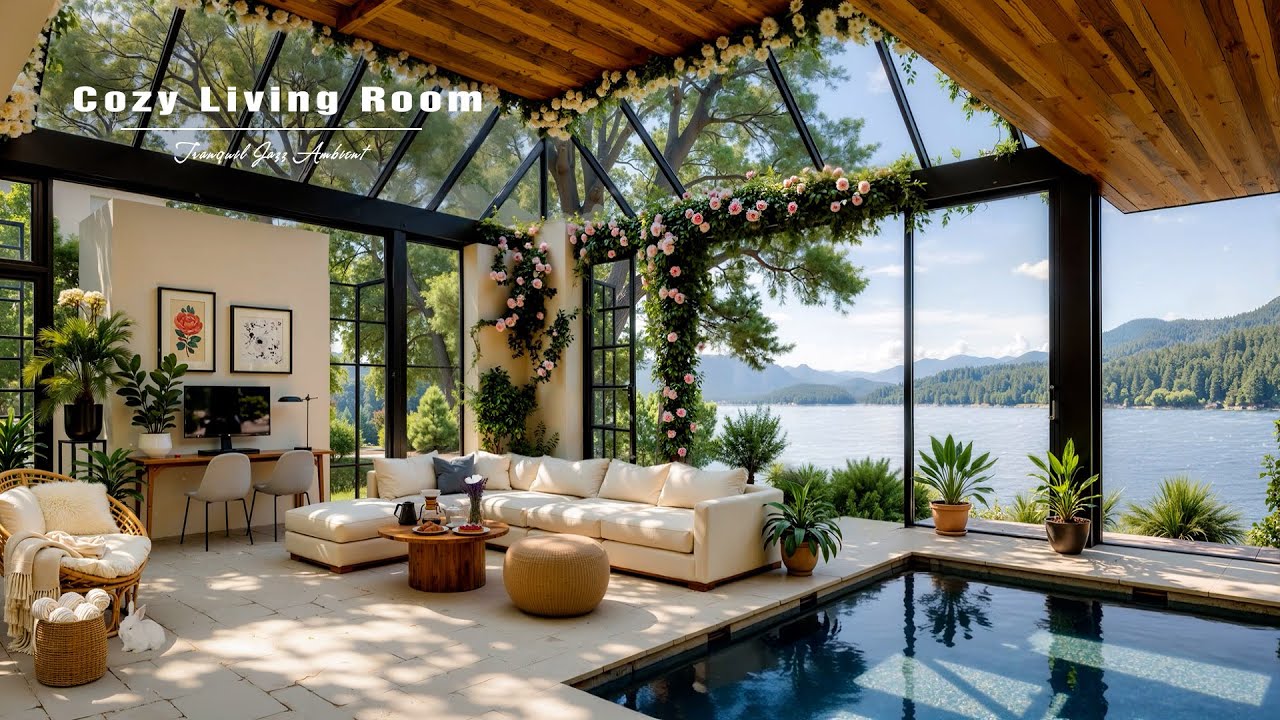 Cozy Living Room by the Lake | Smooth Morning Jazz Music with Nature Therapy for Focus