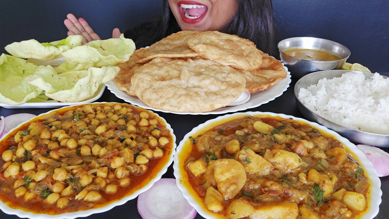 CHOLE PURI , ALOO PURI WITH RICE , DAL AND PAPAD ASMR EATING | VEG MUKBANG 