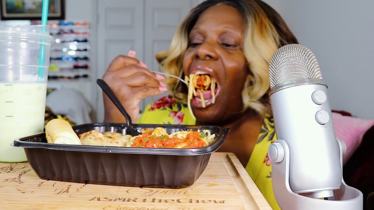 Olive Garden Potato Soup With Eggplant Spaghetti ASMR Eating Sounds