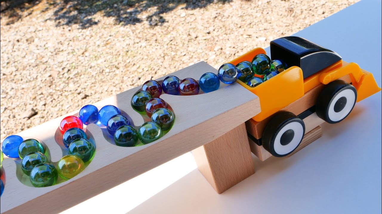 Marble Run Race ASMR 〇 HABA Slope, Wooden Bulldozer & Garbage Truck