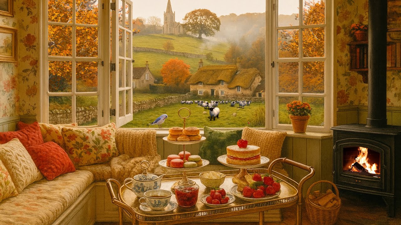 Cozy Autumn Cottage Morning 🍂 | Fireplace, Birds & Peaceful Countryside Ambience