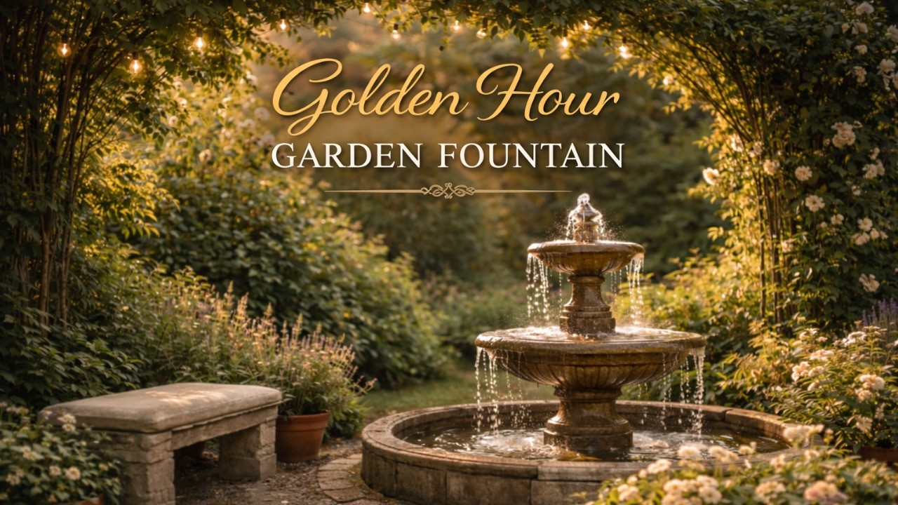 Golden Hour Garden Fountain| Calm Ambience 🌿