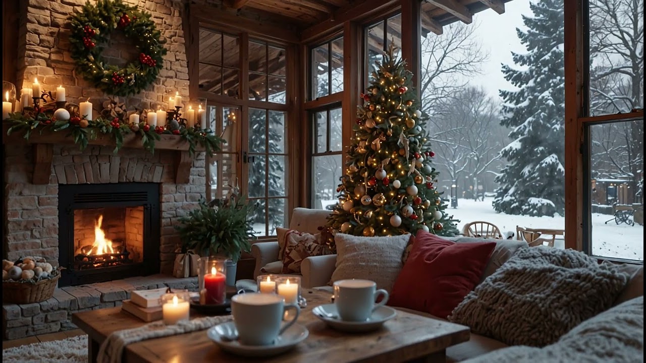 Winter Cafe Ambience with Comfy Jazz Music 🎷☕ Cozy Fireplace & Christmas Vibes for Relaxing