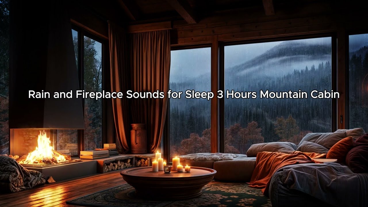 Rain and Fireplace Sounds for Sleep 3 Hours Mounta