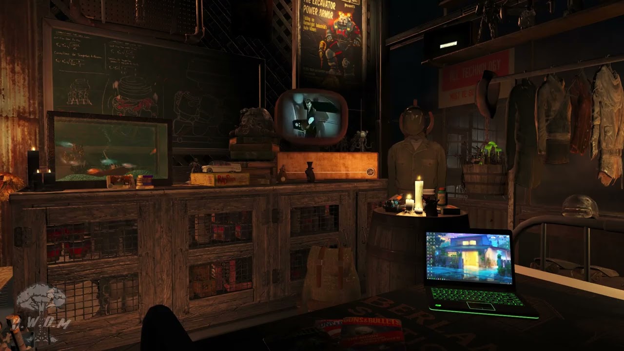 Fallout 4 ASMR ☢️ Thunderstorm Night in a Wasteland Shack • Old World TV Audio • Noir Jazz