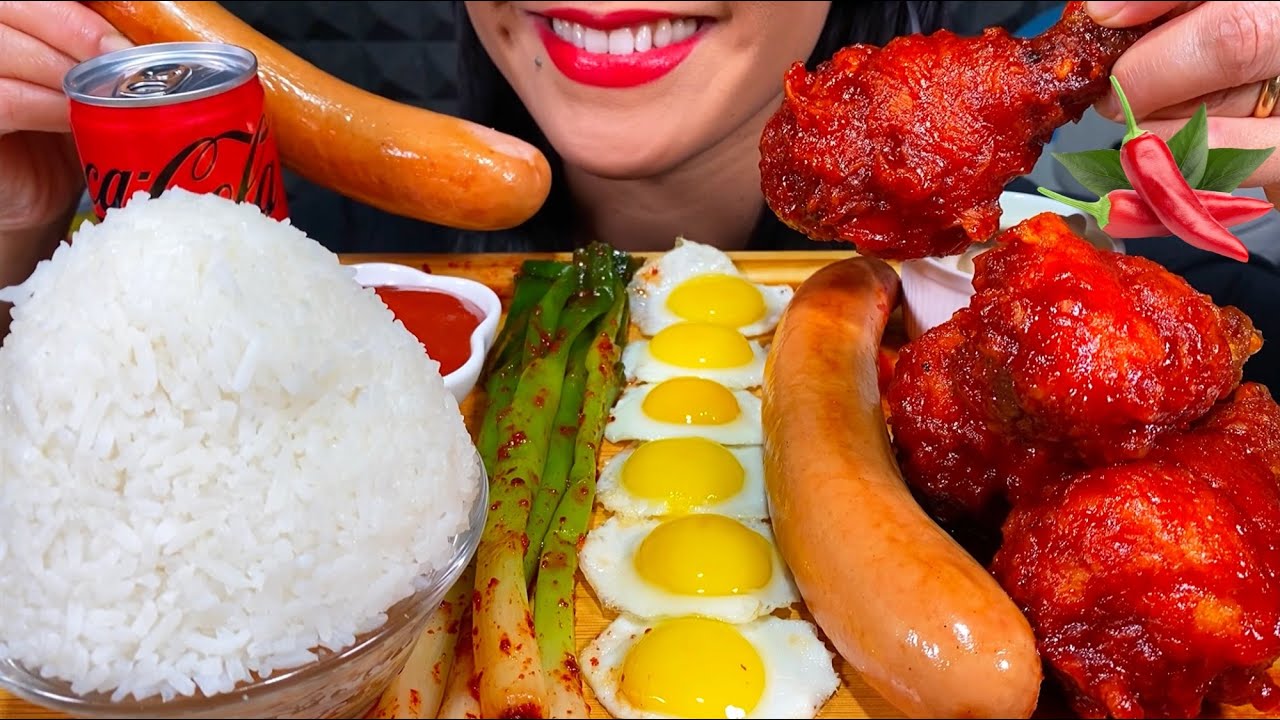 ASMR SPICY FRIED CHICKEN, SAUSAGE, EGGS, GREEN ONION KIMCHI, RICE MUKBANG MASSIVE Eating Sounds