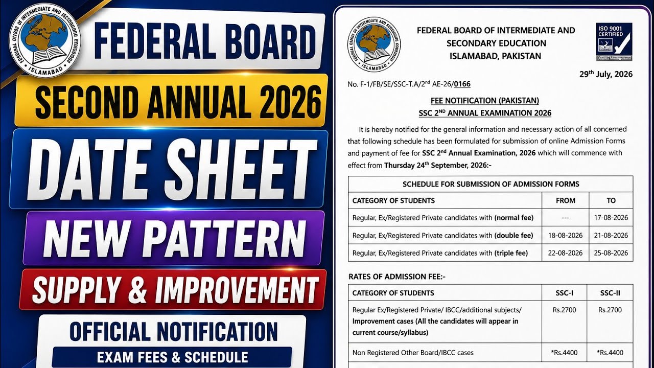 Federal Board SSC 2nd Annual Examination 2026 DateSheet | Supply & Improvement Papers Fbise 2026 