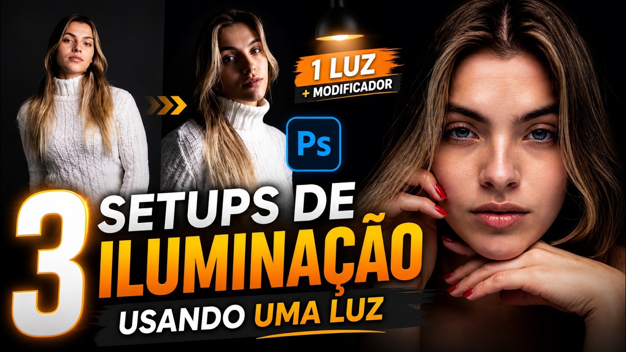 3 setups de iluminação com 1 luz e 1 modificador