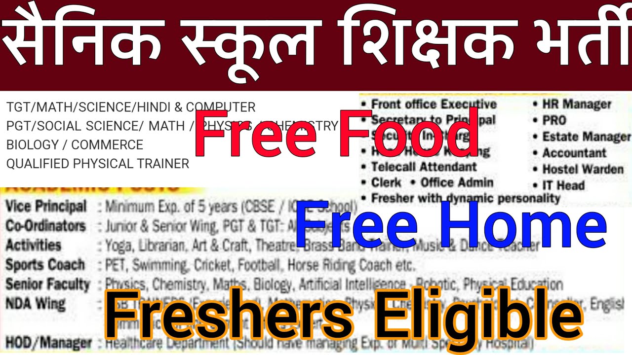 SAINIK SCHOOL ALL SUBJECTS TEACHER VACANCY 2022 I FREE RESIDENCE +  FOOD II TEACHERS & OTHER POSTS