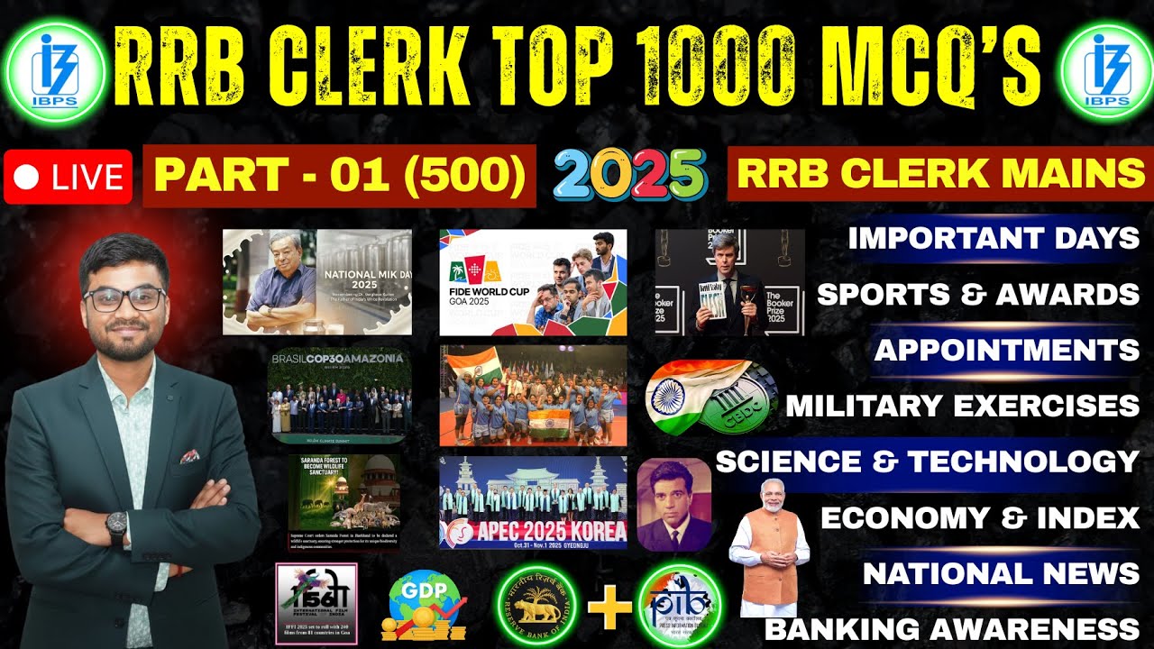 RRB Clerk Mains 2025 | Top 1000 MCQs Series 🔥 Part-01 (500 Q) | GA + Banking Awareness LIVE