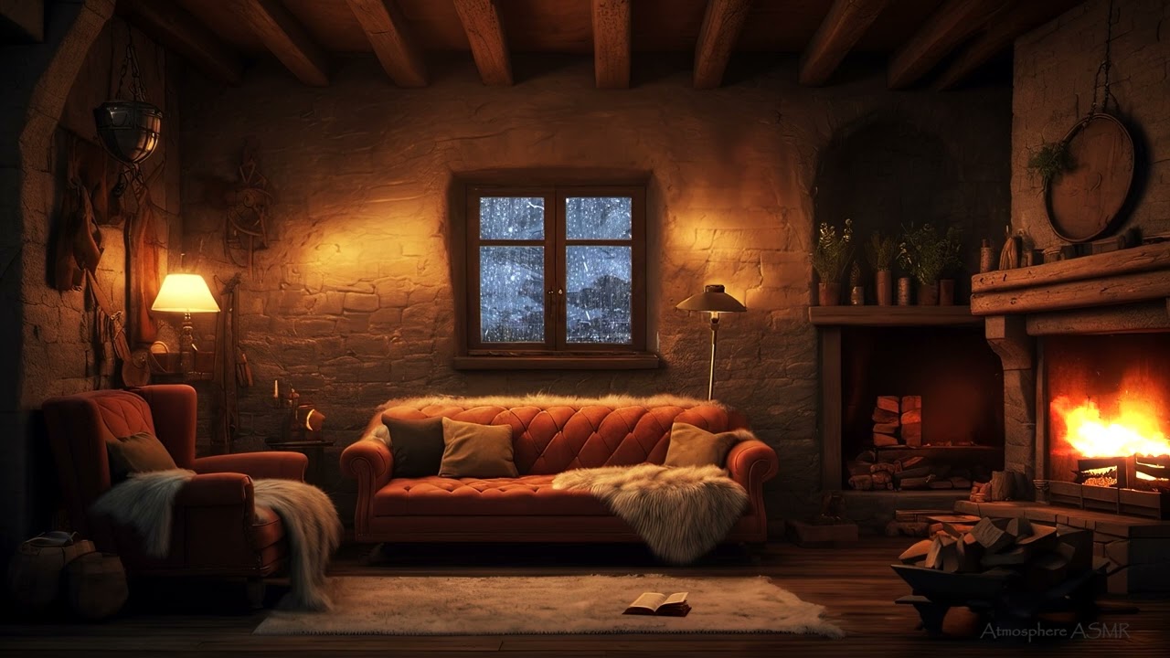 🔥Acogedora Chimenea Crepitante Con SONIDO DE LLUVIA Relajante en la Caba&ntilde;a ⛈️