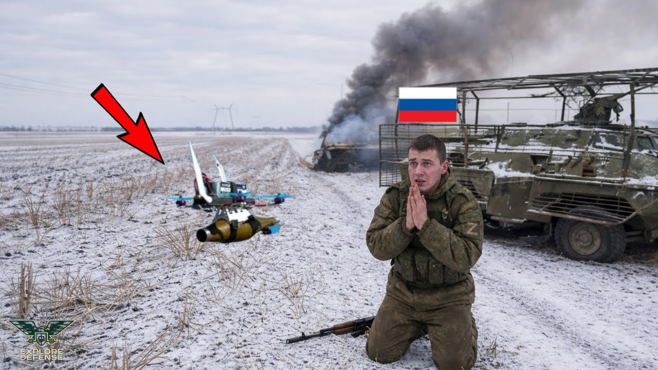 Украинские FPV-дроны уничтожают российских солдат, оставшихся в отчаянии на поле боя.