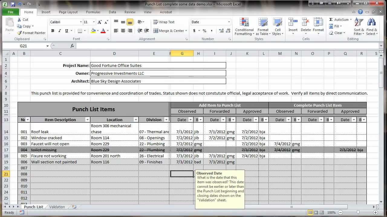Excel 2010 Construction Punch List - Overview