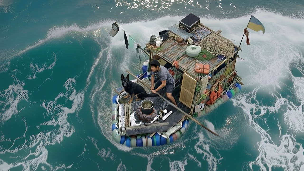 Trash Raft Survival | Building a Raft from Ocean Trash & Catching Seafood with My Dog