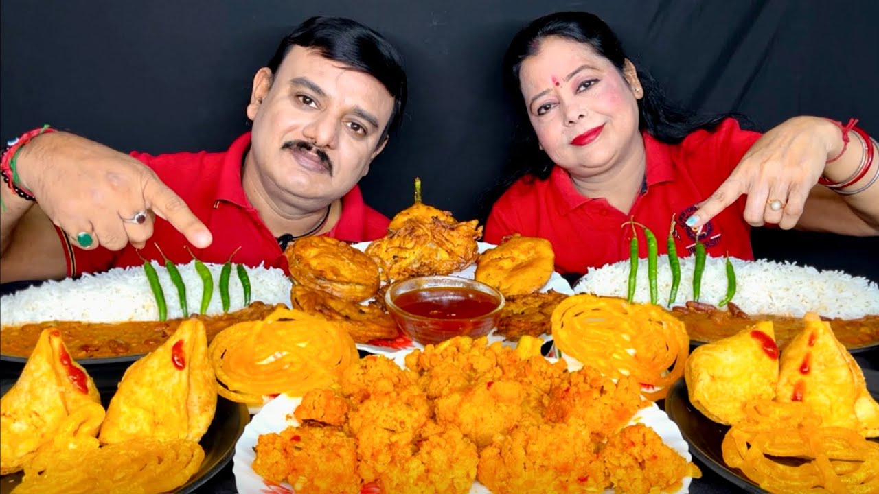 SPICY🌶️MASALA GOBI RAJMA CHAWAL SAMOSA JALEBI EATING CHALLENGE|PAKORA EATING|INDIAN STREET FOOD#food