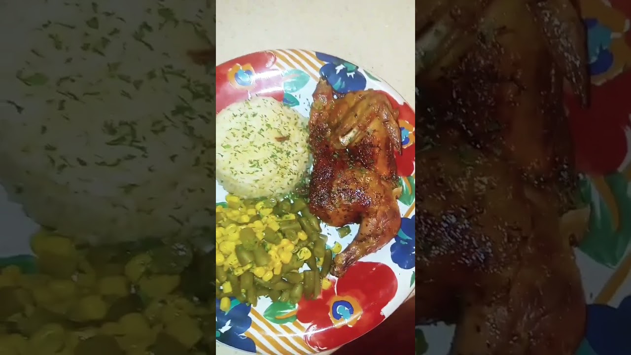 Cornish hen with rice and green beans and corn 🤤