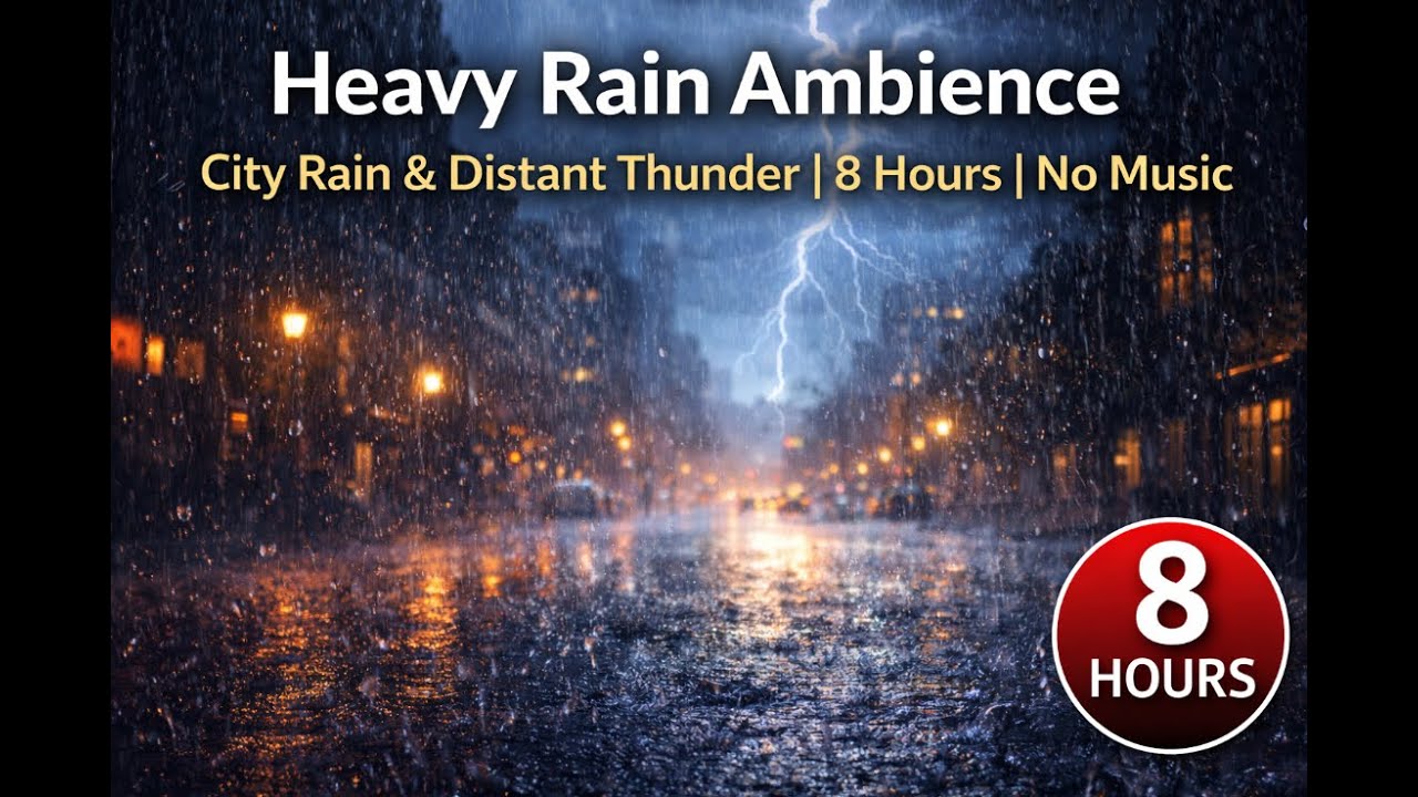 Heavy Rain Ambience – City Rain & Distant Thunder | 8 Hours | No Music