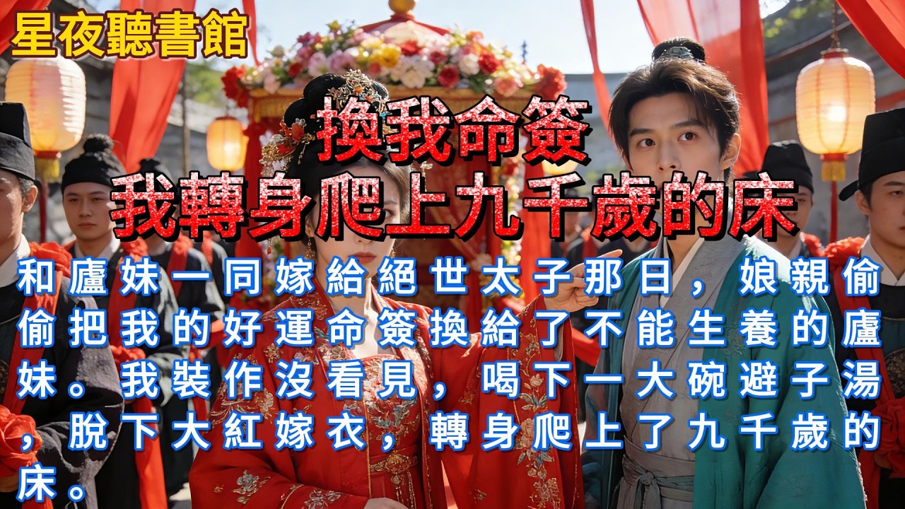 《換我命簽？我轉身爬上九千歲的床》和廬妹一同嫁給絕世太子那日，娘親偷偷把我的好運命簽換給了不能生養的廬妹。我裝作沒看見，喝下一大碗避子湯，脫下大紅嫁衣，轉身爬上了九千歲的床。#一口氣看完 #小說推文