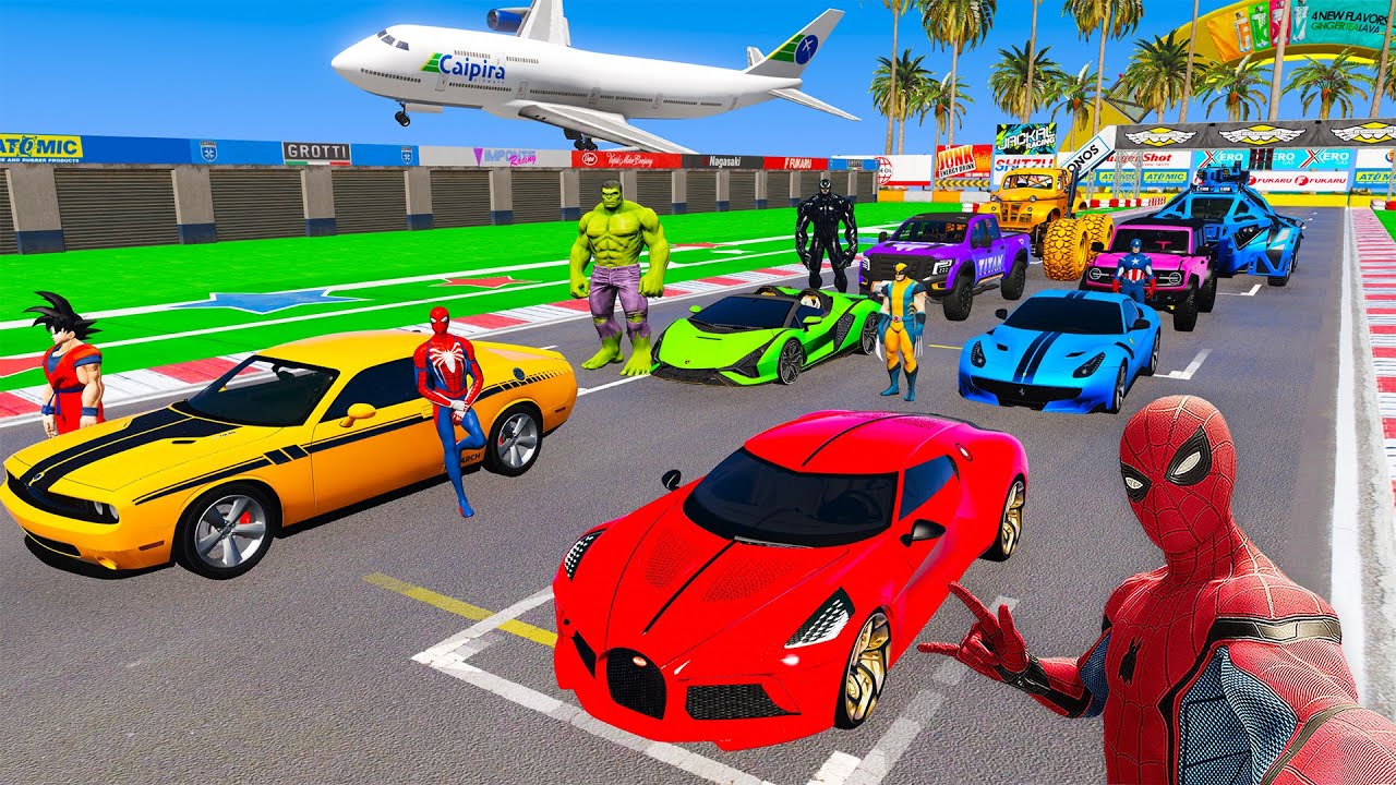 SPIDERMAN Epic Mega SKYLIFT RAMP Challenge for Cars and Planes ! SuperHero Hulk Venom Goku – GTA 5