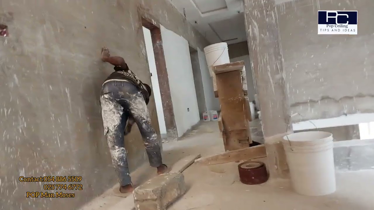 Building in Ghana || Skimming Work for Pop Ceiling and wall Skimming.. part 1
